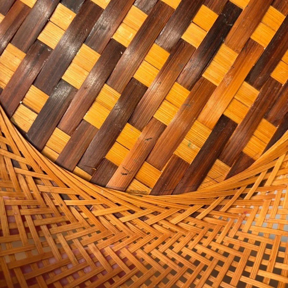 Vintage Small Woven Basket with Checkered Base Wicker Rattan